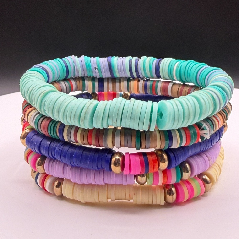 5pc Heishi Disc Bead Stretch Bracelet Set Multicolor Boho Stack Gold Tone Gift